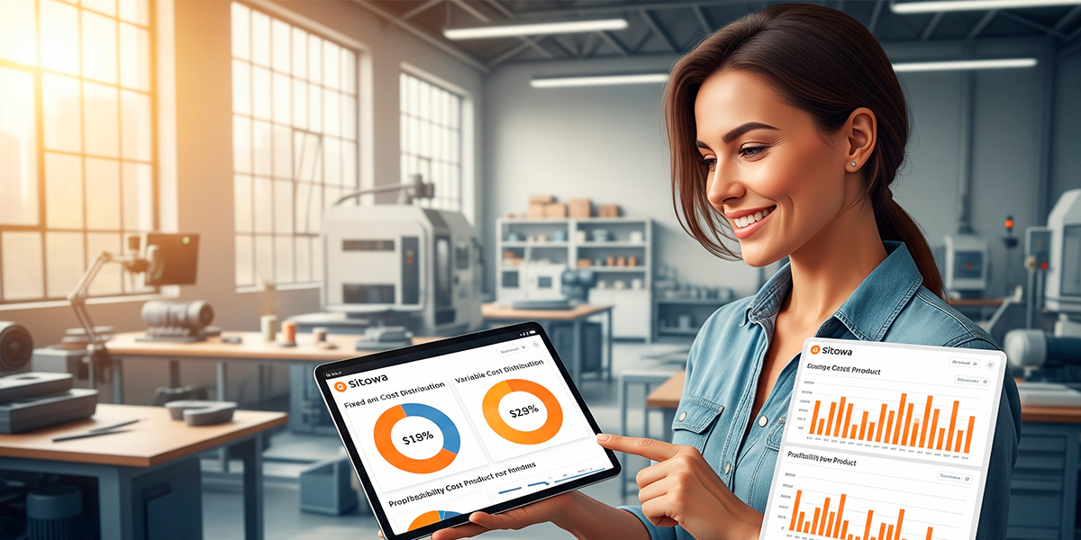 [Emprendedor usando la herramienta de costos de Sitoowa en una tablet]