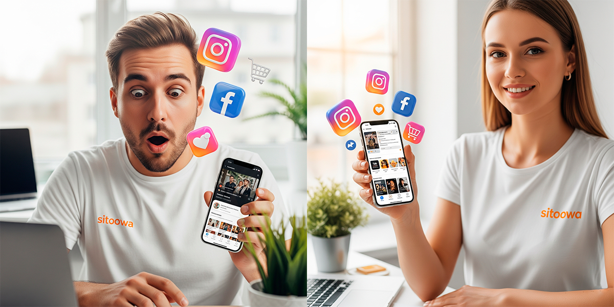 [Persona usando un celular con íconos de redes sociales flotando alrededor]